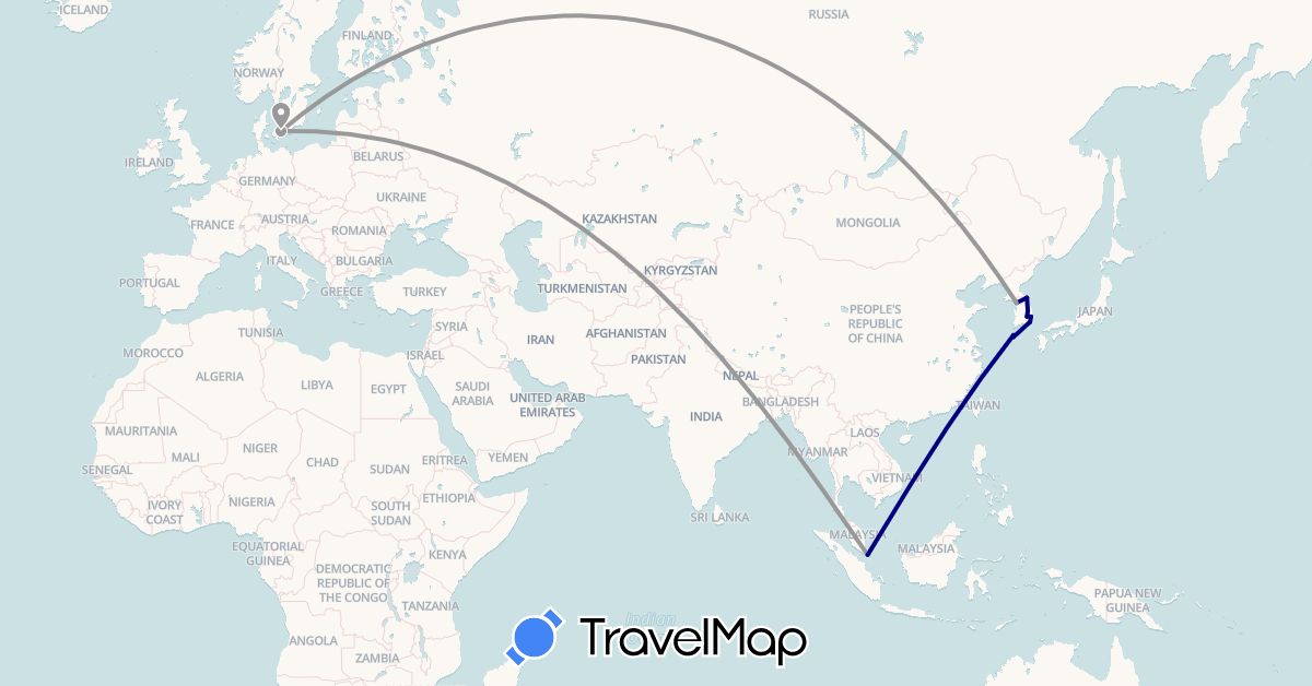 TravelMap itinerary: driving, plane in Denmark, South Korea, Singapore (Asia, Europe)